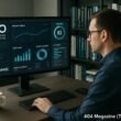 Entwickler in casual Business-Kleidung arbeitet fokussiert an einem großen Bildschirm mit SEO-Analysen und Diagrammen in einem modernen Büro mit Bücherregalen im Hintergrund