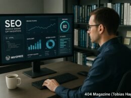 Entwickler in casual Business-Kleidung arbeitet fokussiert an einem großen Bildschirm mit SEO-Analysen und Diagrammen in einem modernen Büro mit Bücherregalen im Hintergrund