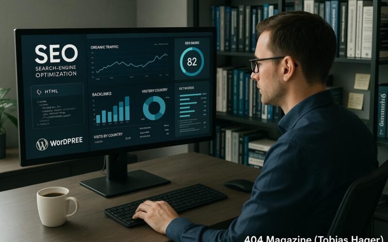 Entwickler in casual Business-Kleidung arbeitet fokussiert an einem großen Bildschirm mit SEO-Analysen und Diagrammen in einem modernen Büro mit Bücherregalen im Hintergrund