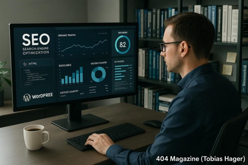 Entwickler in casual Business-Kleidung arbeitet fokussiert an einem großen Bildschirm mit SEO-Analysen und Diagrammen in einem modernen Büro mit Bücherregalen im Hintergrund