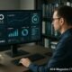Entwickler in casual Business-Kleidung arbeitet fokussiert an einem großen Bildschirm mit SEO-Analysen und Diagrammen in einem modernen Büro mit Bücherregalen im Hintergrund