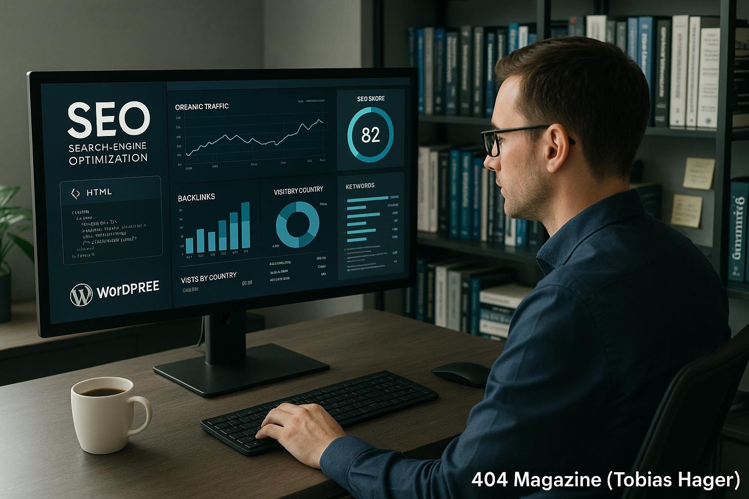 Entwickler in casual Business-Kleidung arbeitet fokussiert an einem großen Bildschirm mit SEO-Analysen und Diagrammen in einem modernen Büro mit Bücherregalen im Hintergrund