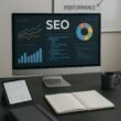 Moderner Arbeitsplatz mit Computermonitor, SEO Dashboard, Notizbüchern, Tablet und Whiteboard mit SEO-Diagrammen