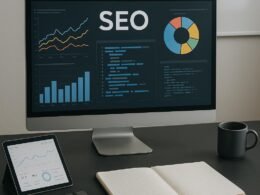 Moderner Arbeitsplatz mit Computermonitor, SEO Dashboard, Notizbüchern, Tablet und Whiteboard mit SEO-Diagrammen