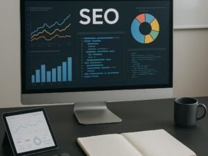 Moderner Arbeitsplatz mit Computermonitor, SEO Dashboard, Notizbüchern, Tablet und Whiteboard mit SEO-Diagrammen