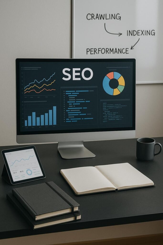 Moderner Arbeitsplatz mit Computermonitor, SEO Dashboard, Notizbüchern, Tablet und Whiteboard mit SEO-Diagrammen