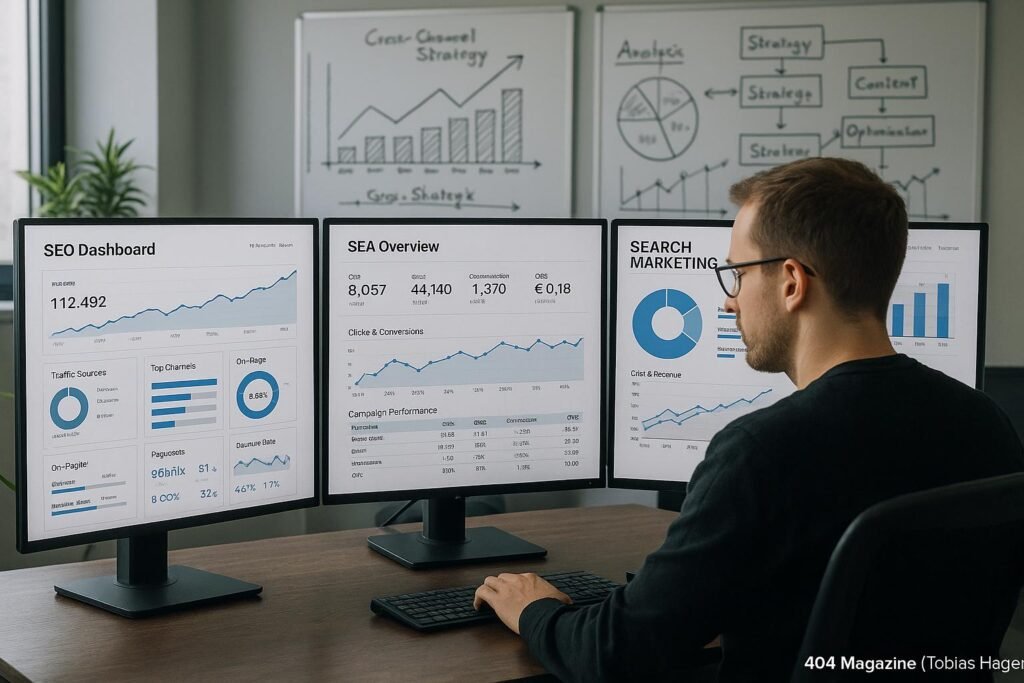Analysebüro mit mehreren Monitoren, auf denen SEO- und SEA-Dashboards zu sehen sind, und Whiteboards mit Strategien im Hintergrund, aufgenommen von Tobias Hager, 404 Magazine.