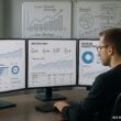 Analysebüro mit mehreren Monitoren, auf denen SEO- und SEA-Dashboards zu sehen sind, und Whiteboards mit Strategien im Hintergrund, aufgenommen von Tobias Hager, 404 Magazine.