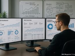 Analysebüro mit mehreren Monitoren, auf denen SEO- und SEA-Dashboards zu sehen sind, und Whiteboards mit Strategien im Hintergrund, aufgenommen von Tobias Hager, 404 Magazine.