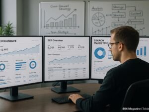 Analysebüro mit mehreren Monitoren, auf denen SEO- und SEA-Dashboards zu sehen sind, und Whiteboards mit Strategien im Hintergrund, aufgenommen von Tobias Hager, 404 Magazine.