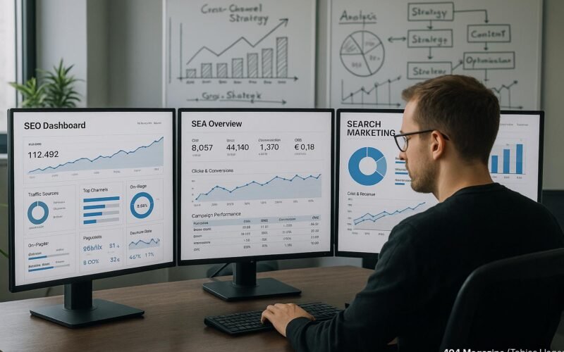 Analysebüro mit mehreren Monitoren, auf denen SEO- und SEA-Dashboards zu sehen sind, und Whiteboards mit Strategien im Hintergrund, aufgenommen von Tobias Hager, 404 Magazine.