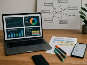 Moderner Arbeitsplatz mit Laptop, gedruckten Keyword-Daten, Whiteboard mit SEO-Diagrammen und grüner Pflanze
