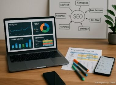 Moderner Arbeitsplatz mit Laptop, gedruckten Keyword-Daten, Whiteboard mit SEO-Diagrammen und grüner Pflanze