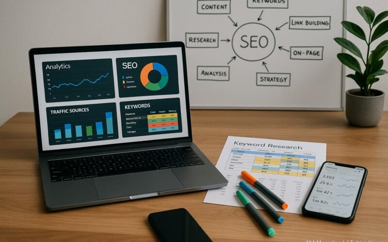 Moderner Arbeitsplatz mit Laptop, gedruckten Keyword-Daten, Whiteboard mit SEO-Diagrammen und grüner Pflanze