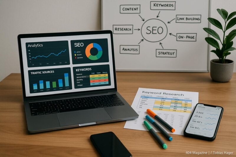 Moderner Arbeitsplatz mit Laptop, gedruckten Keyword-Daten, Whiteboard mit SEO-Diagrammen und grüner Pflanze