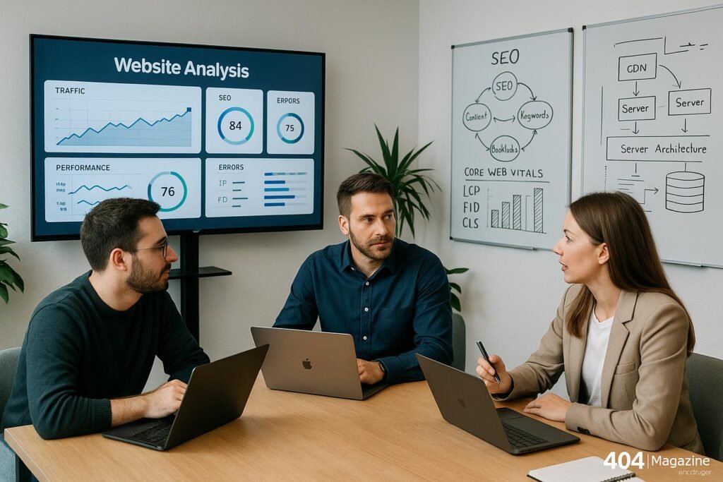 Modernes minimalistisches Büro mit Fachleuten, die Webseitenanalyse und SEO-Strategien besprechen, Whiteboards mit Diagrammen im Hintergrund