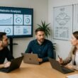 Modernes minimalistisches Büro mit Fachleuten, die Webseitenanalyse und SEO-Strategien besprechen, Whiteboards mit Diagrammen im Hintergrund