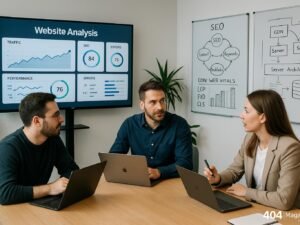Modernes minimalistisches Büro mit Fachleuten, die Webseitenanalyse und SEO-Strategien besprechen, Whiteboards mit Diagrammen im Hintergrund