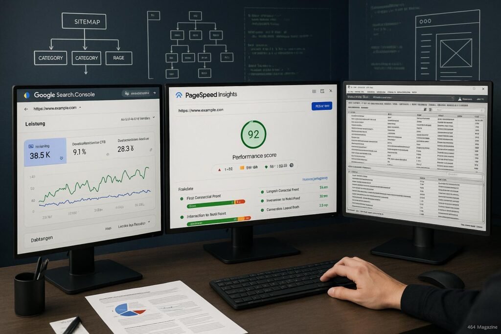 Moderner Arbeitsplatz mit mehreren Monitoren, Analyse-Tools und technischen Diagrammen zur Website-Überprüfung
