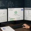 Moderner Arbeitsplatz mit mehreren Monitoren, Analyse-Tools und technischen Diagrammen zur Website-Überprüfung