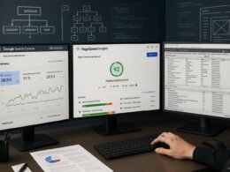 Moderner Arbeitsplatz mit mehreren Monitoren, Analyse-Tools und technischen Diagrammen zur Website-Überprüfung