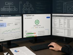 Moderner Arbeitsplatz mit mehreren Monitoren, Analyse-Tools und technischen Diagrammen zur Website-Überprüfung