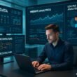 Futuristisches Büro mit mehreren Monitoren, die SEO-Daten, Website-Architekturen und Echtzeit-Dashboards zeigen, im Vordergrund ein digitaler Moderator mit Laptop, im Hintergrund lebendige Diagramme und Codes