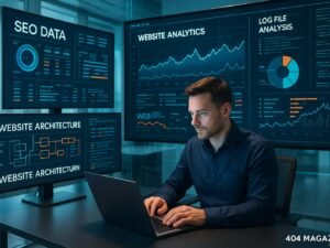 Futuristisches Büro mit mehreren Monitoren, die SEO-Daten, Website-Architekturen und Echtzeit-Dashboards zeigen, im Vordergrund ein digitaler Moderator mit Laptop, im Hintergrund lebendige Diagramme und Codes