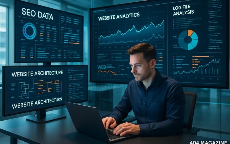 Futuristisches Büro mit mehreren Monitoren, die SEO-Daten, Website-Architekturen und Echtzeit-Dashboards zeigen, im Vordergrund ein digitaler Moderator mit Laptop, im Hintergrund lebendige Diagramme und Codes