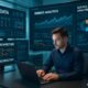 Futuristisches Büro mit mehreren Monitoren, die SEO-Daten, Website-Architekturen und Echtzeit-Dashboards zeigen, im Vordergrund ein digitaler Moderator mit Laptop, im Hintergrund lebendige Diagramme und Codes