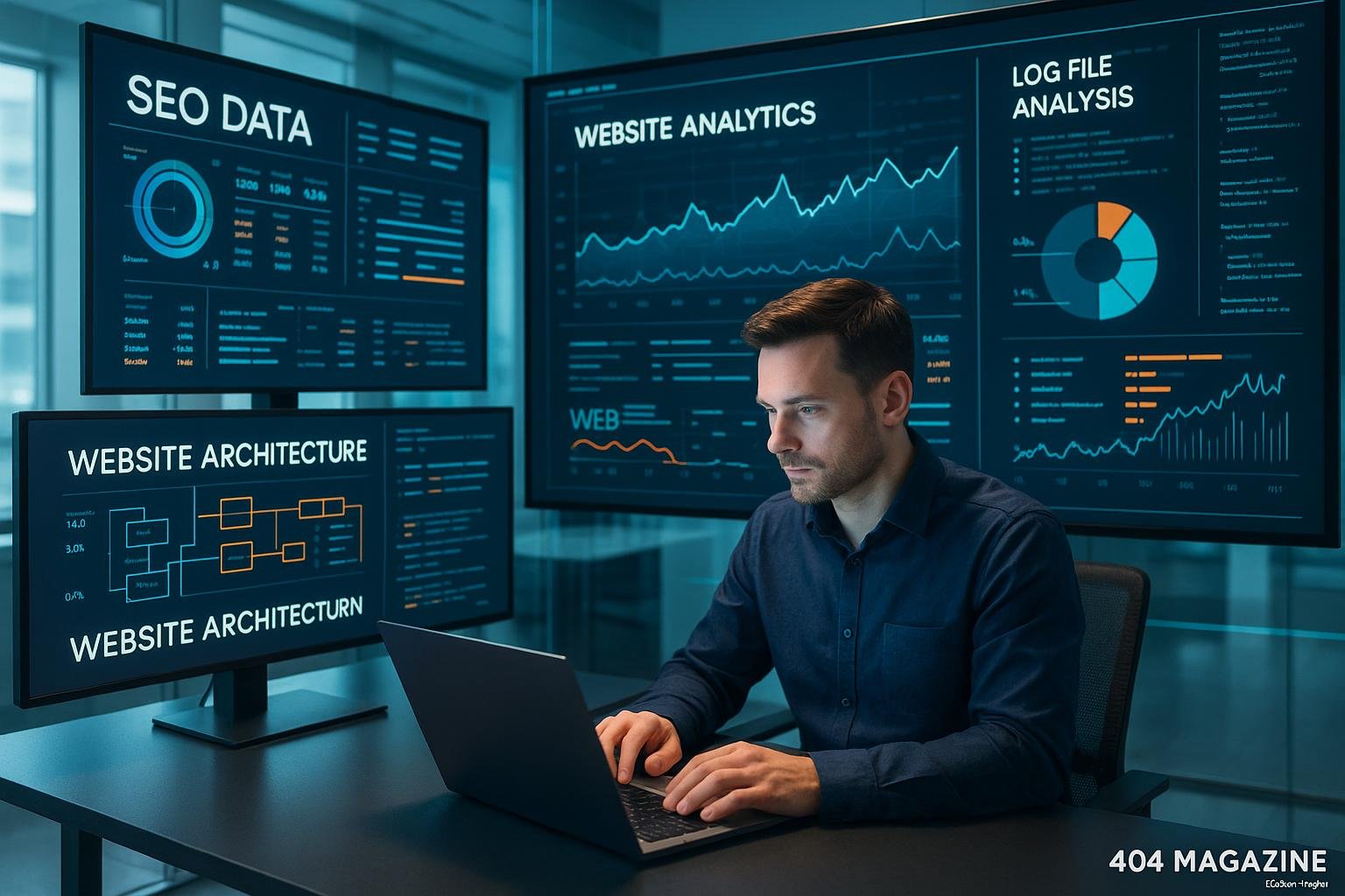 Futuristisches Büro mit mehreren Monitoren, die SEO-Daten, Website-Architekturen und Echtzeit-Dashboards zeigen, im Vordergrund ein digitaler Moderator mit Laptop, im Hintergrund lebendige Diagramme und Codes