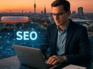 Münchener Skyline bei Sonnenaufgang mit markanten Gebäuden, digitalen Netzwerken und einem SEO-Experten mit Laptop im Vordergrund.