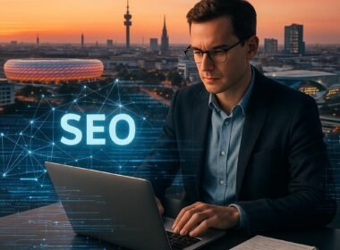 Münchener Skyline bei Sonnenaufgang mit markanten Gebäuden, digitalen Netzwerken und einem SEO-Experten mit Laptop im Vordergrund.