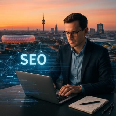 Münchener Skyline bei Sonnenaufgang mit markanten Gebäuden, digitalen Netzwerken und einem SEO-Experten mit Laptop im Vordergrund.
