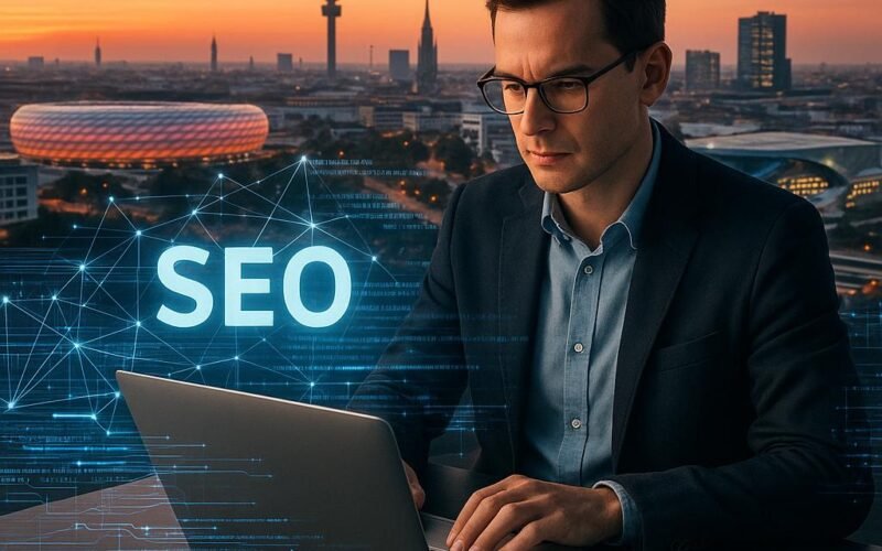 Münchener Skyline bei Sonnenaufgang mit markanten Gebäuden, digitalen Netzwerken und einem SEO-Experten mit Laptop im Vordergrund.