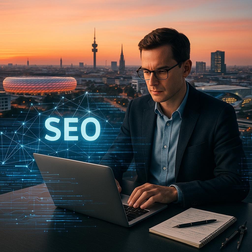 Münchener Skyline bei Sonnenaufgang mit markanten Gebäuden, digitalen Netzwerken und einem SEO-Experten mit Laptop im Vordergrund.