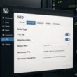 Modernes WordPress-Backend-Interface zur SEO-Plugin-Konfiguration mit Tabs und Einstellungsfeldern, im Hintergrund ein Serverraum mit blinkenden Speichern und Netzwerkkabel.