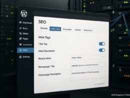 Modernes WordPress-Backend-Interface zur SEO-Plugin-Konfiguration mit Tabs und Einstellungsfeldern, im Hintergrund ein Serverraum mit blinkenden Speichern und Netzwerkkabel.