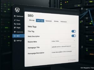 Modernes WordPress-Backend-Interface zur SEO-Plugin-Konfiguration mit Tabs und Einstellungsfeldern, im Hintergrund ein Serverraum mit blinkenden Speichern und Netzwerkkabel.