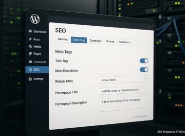 Modernes WordPress-Backend-Interface zur SEO-Plugin-Konfiguration mit Tabs und Einstellungsfeldern, im Hintergrund ein Serverraum mit blinkenden Speichern und Netzwerkkabel.