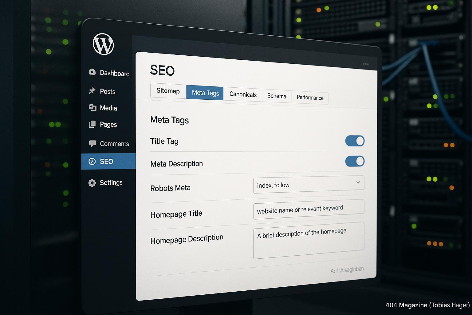 Modernes WordPress-Backend-Interface zur SEO-Plugin-Konfiguration mit Tabs und Einstellungsfeldern, im Hintergrund ein Serverraum mit blinkenden Speichern und Netzwerkkabel.
