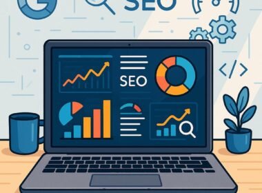 Zeichnung eines digitalen Arbeitsplatzes mit Laptop, bunten Grafiken, SEO-Analysen und technischen Symbolen wie Zahnräder und Code in einem hellen, minimalistischen Raum.