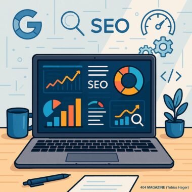 Zeichnung eines digitalen Arbeitsplatzes mit Laptop, bunten Grafiken, SEO-Analysen und technischen Symbolen wie Zahnräder und Code in einem hellen, minimalistischen Raum.