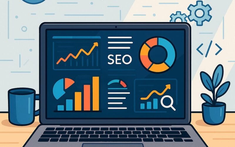 Zeichnung eines digitalen Arbeitsplatzes mit Laptop, bunten Grafiken, SEO-Analysen und technischen Symbolen wie Zahnräder und Code in einem hellen, minimalistischen Raum.