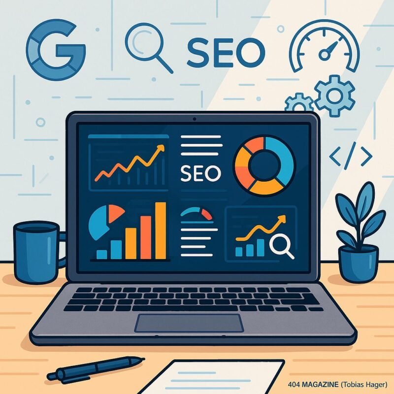 Zeichnung eines digitalen Arbeitsplatzes mit Laptop, bunten Grafiken, SEO-Analysen und technischen Symbolen wie Zahnräder und Code in einem hellen, minimalistischen Raum.