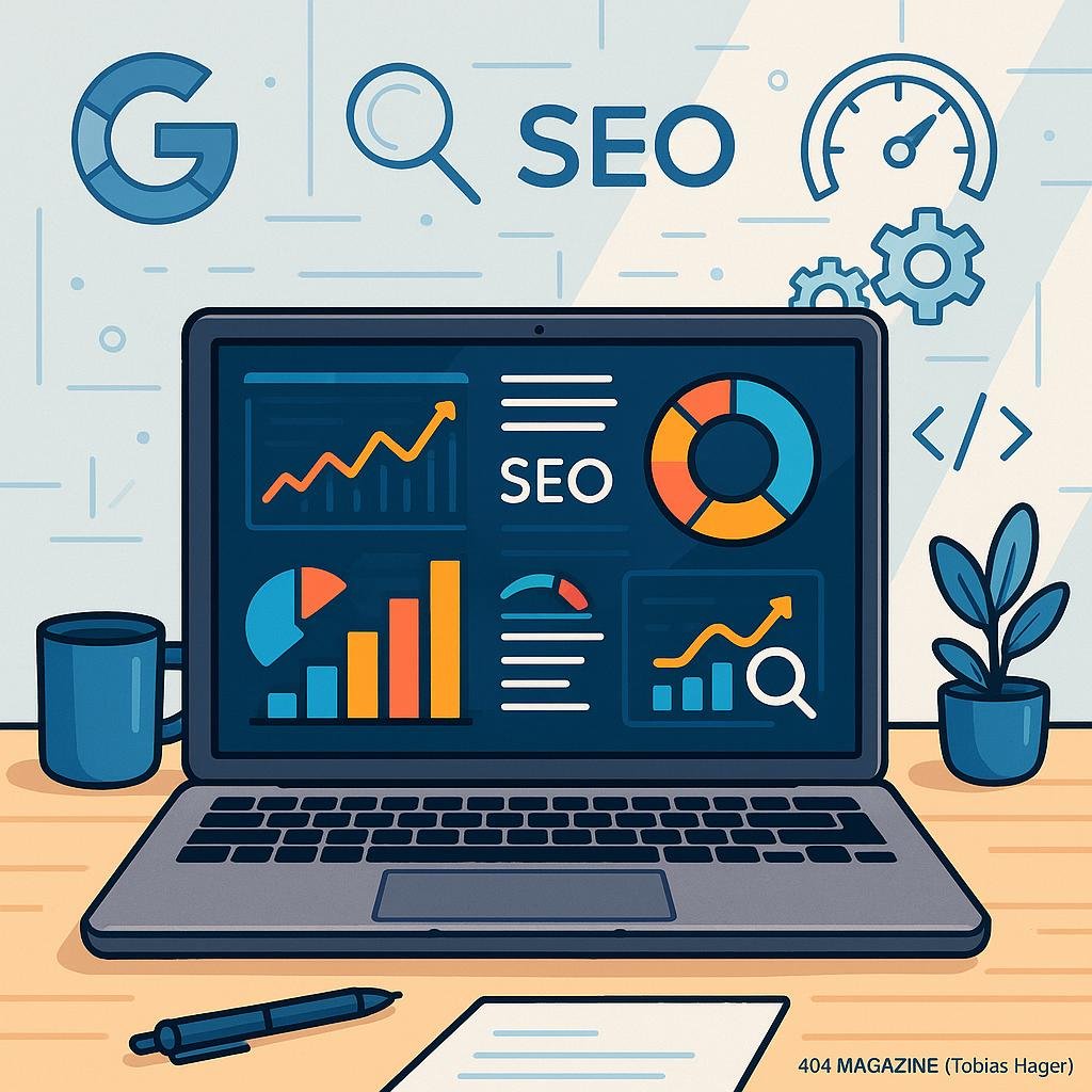 Zeichnung eines digitalen Arbeitsplatzes mit Laptop, bunten Grafiken, SEO-Analysen und technischen Symbolen wie Zahnräder und Code in einem hellen, minimalistischen Raum.
