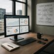 Moderner Arbeitsraum für Blogger mit großem Monitor, Whiteboard und Stadtblick, beleuchtet von natürlichem Licht