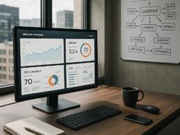 Moderner Arbeitsraum für Blogger mit großem Monitor, Whiteboard und Stadtblick, beleuchtet von natürlichem Licht