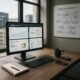 Moderner Arbeitsraum für Blogger mit großem Monitor, Whiteboard und Stadtblick, beleuchtet von natürlichem Licht