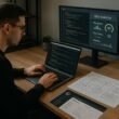 Webentwickler arbeitet an Laptop mit Code, umgeben von Serverdiagrammen, SEO-Analysen und Fachbüchern in einem modernen, gut beleuchteten Büro